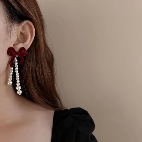 Red Flocking Bow Pearl Stud Earrings Fashion Bow Pearl Tassel Earrings for Women Birthday Christmas Gifts in Saudi Arabia