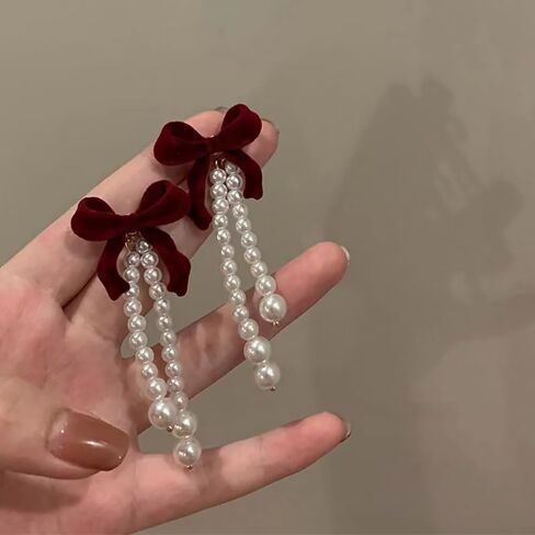 Red Flocking Bow Pearl Stud Earrings Fashion Bow Pearl Tassel Earrings for Women Birthday Christmas Gifts in Saudi Arabia