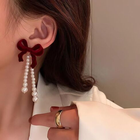Red Flocking Bow Pearl Stud Earrings Fashion Bow Pearl Tassel Earrings for Women Birthday Christmas Gifts in Saudi Arabia