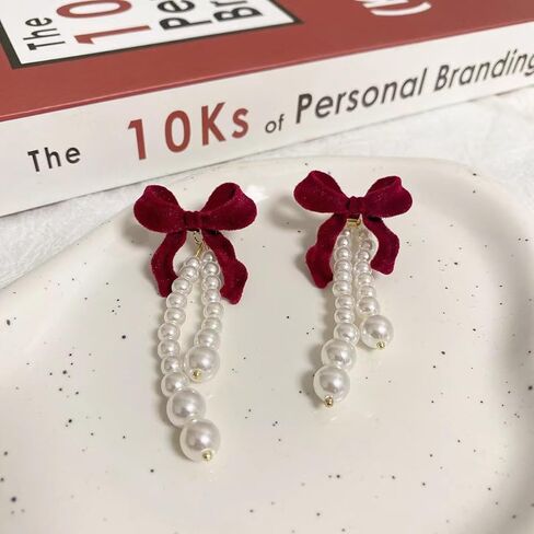 Red Flocking Bow Pearl Stud Earrings Fashion Bow Pearl Tassel Earrings for Women Birthday Christmas Gifts in Saudi Arabia