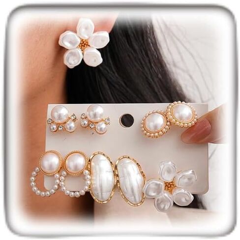 5 Pairs Pearl Flower Stud Earrings for Women,Boho Floral White Baroque Pearls Earrings Pack,Unique Festival Holiday Party Jewelry Gift in Kuwait