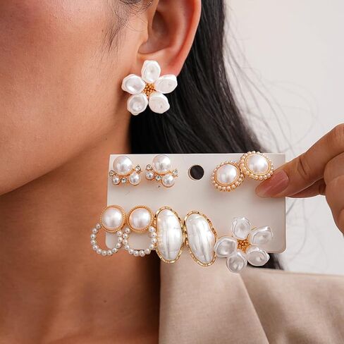 5 Pairs Pearl Flower Stud Earrings for Women,Boho Floral White Baroque Pearls Earrings Pack,Unique Festival Holiday Party Jewelry Gift in Kuwait