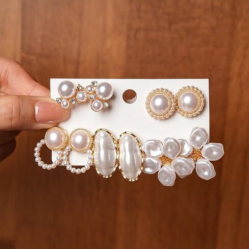 5 Pairs Pearl Flower Stud Earrings for Women,Boho Floral White Baroque Pearls Earrings Pack,Unique Festival Holiday Party Jewelry Gift in Kuwait