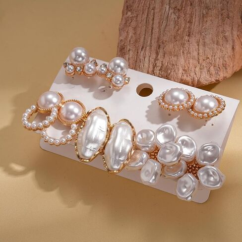 5 Pairs Pearl Flower Stud Earrings for Women,Boho Floral White Baroque Pearls Earrings Pack,Unique Festival Holiday Party Jewelry Gift in Kuwait