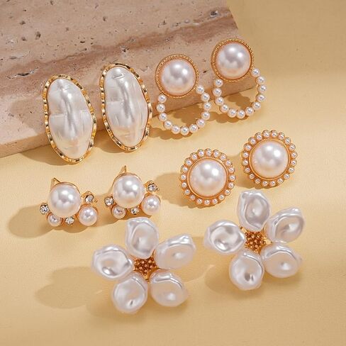 5 Pairs Pearl Flower Stud Earrings for Women,Boho Floral White Baroque Pearls Earrings Pack,Unique Festival Holiday Party Jewelry Gift in Kuwait