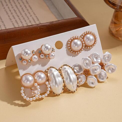 5 Pairs Pearl Flower Stud Earrings for Women,Boho Floral White Baroque Pearls Earrings Pack,Unique Festival Holiday Party Jewelry Gift in Kuwait