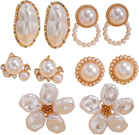5 Pairs Pearl Flower Stud Earrings for Women,Boho Floral White Baroque Pearls Earrings Pack,Unique Festival Holiday Party Jewelry Gift in Kuwait