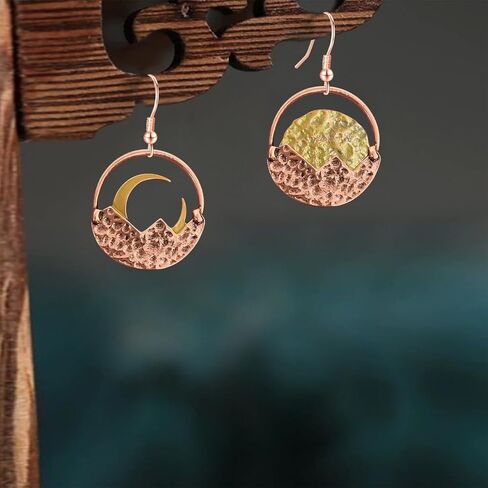 Handmade Vintage Copper Geometry Hollow Disc Round Circle Dangle Drop Earrings Retro Alloy Asymmetrical Sun Moon Mountain Hook Earrings For Women Outdoor Athletes in Kuwait
