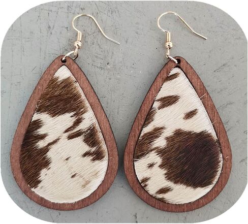 Lovely Cute Cow Print Earrings, Lightweight Genuine Leather Wood Teardrop Earrings, Handmade Hypoallergenic Earrings for Women Dangle Drop Jewelry in Saudi Arabia