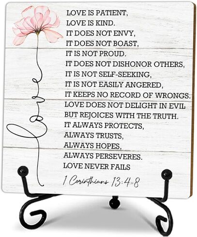 5’’ Love Is Patient Love Is Kind Wooden Plaque With 1 Metal Support - Christian Gifts Religious Wood Sign - Christian Home Desk Decor Gifts Bible Verse Tabletop Decor For Home Office Shelf-A09 in Saudi Arabia
