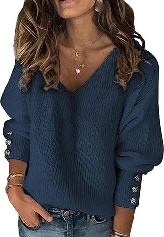 Womens Oversized Cute Color Block Button Sweater Spring 2026 Lightweight Crochet Knit Sexy V Neck Pullover Top in Kuwait