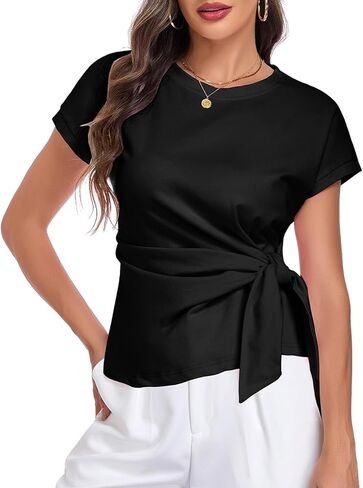 HOTIAN Womens Cap Sleeve T Shirts Tie Waist Tops Crew Neck Blouses Dressy Casual Loose Work Business Tees in Kuwait
