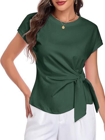 تي شيرت نسائي بأكمام قصيرة من HOTIAN تي شيرت بخصر مربوط وبلوزات برقبة دائرية أنيقة غير رسمية فضفاضة للعمل in Kuwait