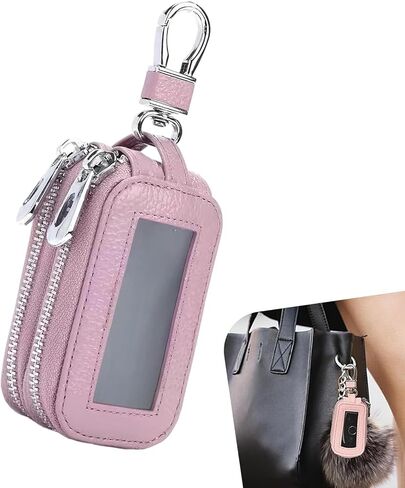 1 PCS Car Key Fob Case, Leather Zipper Key Fob Holder with Metal Hook, Anti-Scratch Smart Remote Bag with Transparent Window Protection, Universal for Most Vehicles (Pink) in Saudi Arabia