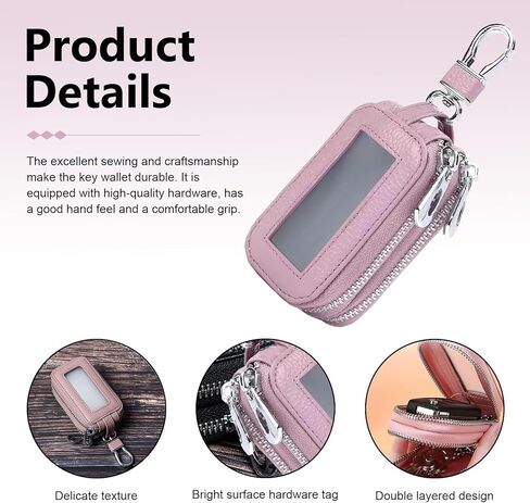 1 PCS Car Key Fob Case, Leather Zipper Key Fob Holder with Metal Hook, Anti-Scratch Smart Remote Bag with Transparent Window Protection, Universal for Most Vehicles (Pink) in Saudi Arabia