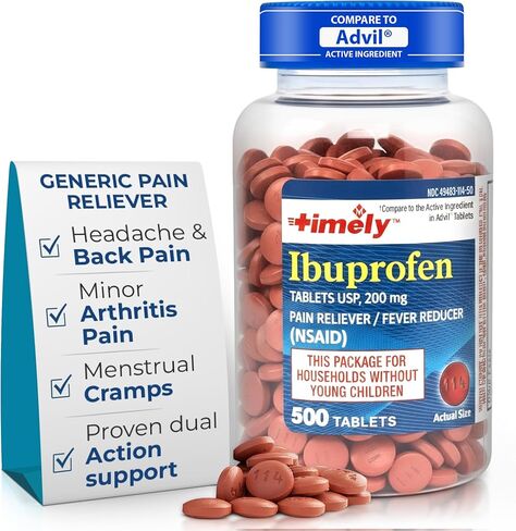Timely - Ibuprofen 200mg - 1000 Tablets - Compared to Advil Tablets - Pain Relief Tablets and Fever Reducer for Adults - for Headache Relief, Menstrual Pain, Tooth and Muscular Aches in Kuwait