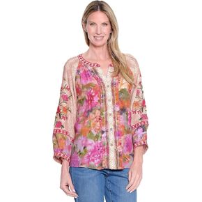 Printed Button Front Split Neck Top with Embroidered Three Quarters Sleeves in Kuwait