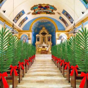 12 Pcs 26 Inch Easter Artificial Palm Leaves Large Tropical Green Leaves with Red Ribbon Green Large Faux Greenery Plants for Easter Party Decoration Sunday Church Pew Decorations in Saudi Arabia