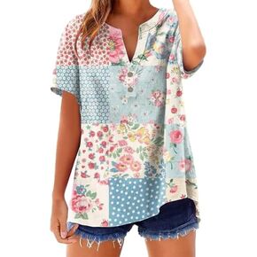 OSCORP Women's Boho Floral Print V Neck Top Casual Short Sleeve Button Up Shirt Loose Fit Curved Hem Bohemian Summer Blouse in Saudi Arabia