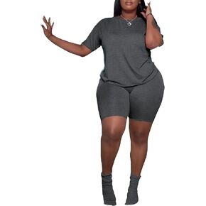 PINSV Women's Plus Size 2 Piece Outfits Tracksuits Short Sleeve Top Shorts Lounge Sets Sweatsuits Dark Gray 3XL in Kuwait