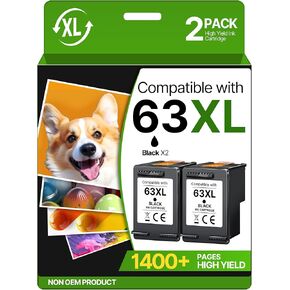 خرطوشة حبر سوداء 63XL لخرطوشة الحبر HP 63 بديلة لخرطوشة الحبر HP 63 السوداء تعمل مع HP Envy 4520 4512 OfficeJet 4650 3830 5255 5258 DeskJet 1112 2130 3630 2138 3634 F6U64AN (عبوة سوداء 2) in Kuwait