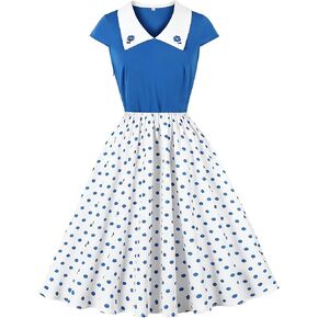 Wellwits Women's Floral Collar Polka Dots 1950s Vintage Tea Party Dress in Kuwait