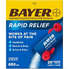 Bayer New Rapid Relief Powder Packs with Aspirin & Caffeine, Dissolvable Fast Acting Pain Relief, Works at Site of Pain to Relieve Headache, Muscle and Body Pain, Packs, Raspberry Flavor, 20 Count in Kuwait