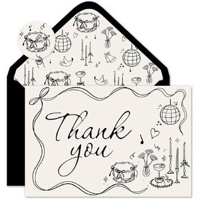 Whaline 24 Pack Wedding Thank You Cards Boxed Black Bow Cake Disco Ball Flower Thank You Greeting Note Cards Boxed with Envelope Sticker for Bridal Shower in Kuwait