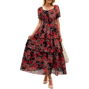 Simplee Womens Puff Short Sleeve Maxi Dress 2026 Summer Floral Ruffle Tiered Flowy Long Party Wedding Guest Dresses in Saudi Arabia