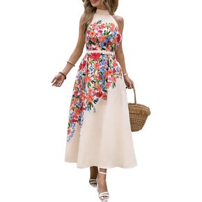 Womens Summer Floral Maxi Dress Halter Neck Sleeveless Sundresses Beach Vacation Wedding Guest Flowy Long Dresses with Belt in Saudi Arabia