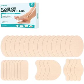 وسادات شريطية للبثور من مولسكين للأقدام - 32 قطعة من 4 أشكال من ضمادات البثور للقدم وأصابع القدم والكعب والأصابع - ملصقات رقعة جلد الشامة للأحذية والكالس ومنع الأورام والتعافي - بيج in Kuwait