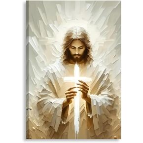2D No Texture Jesus Canvas Wall Art with Holding Cross, Cross Paint Stripe Painting Poster, Christian Wall Decor, Jesus Picture for Wall Living Room Church Bedroom Home Decoration 12*18 in (Stretched Canvas on A Wooden Frame) in Kuwait