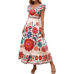 Women's Boho Floral Maxi Dress Summer Ruffle V Neck Flowy Sundress Beach Vacation Outfits in Kuwait