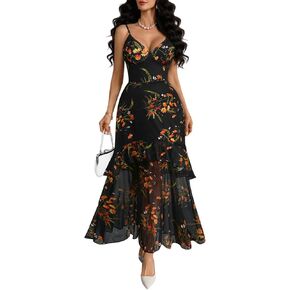 GothDark Women Floral Mesh Maxi Dress Sexy V Neck Spaghetti Strap Tiered Ruffle Hem Party Long Dresses for Wedding Guest in Kuwait