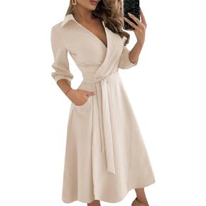 GRASWE Women's Casual Wrap Flared Midi Dress A-Line Swing V-Neck 3/4 Sleeve Dress Wedding Guest Cocktail Shirt Dresses in Kuwait