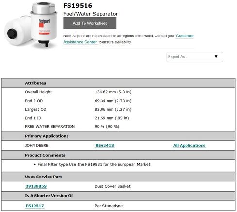 Fleetguard Separator Fuel/Water Part No: FS19516 in Kuwait