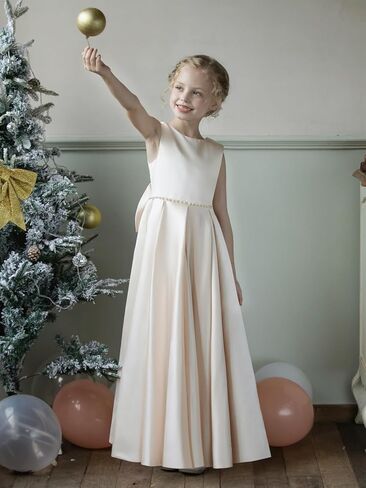 Satin Flower Girl Dresses for Wedding Pearls Backless Princess Pageant Dress with Bow Floor Length Prom Ball Gowns in Saudi Arabia