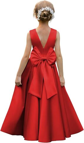 Satin Flower Girl Dresses for Wedding Pearls Backless Princess Pageant Dress with Bow Floor Length Prom Ball Gowns in Saudi Arabia