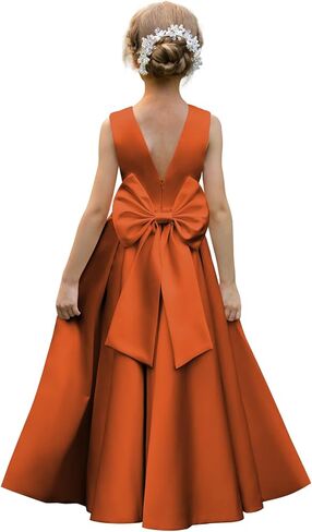 Satin Flower Girl Dresses for Wedding Pearls Backless Princess Pageant Dress with Bow Floor Length Prom Ball Gowns in Saudi Arabia