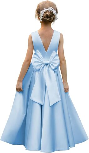 Satin Flower Girl Dresses for Wedding Pearls Backless Princess Pageant Dress with Bow Floor Length Prom Ball Gowns in Saudi Arabia