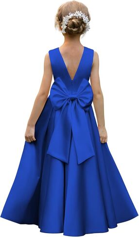 Satin Flower Girl Dresses for Wedding Pearls Backless Princess Pageant Dress with Bow Floor Length Prom Ball Gowns in Saudi Arabia