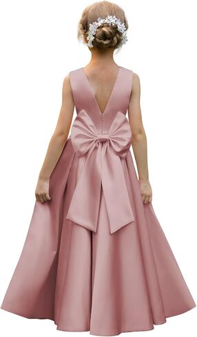Satin Flower Girl Dresses for Wedding Pearls Backless Princess Pageant Dress with Bow Floor Length Prom Ball Gowns in Saudi Arabia