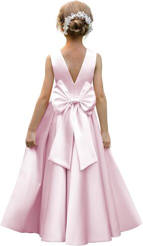 Satin Flower Girl Dresses for Wedding Pearls Backless Princess Pageant Dress with Bow Floor Length Prom Ball Gowns in Saudi Arabia