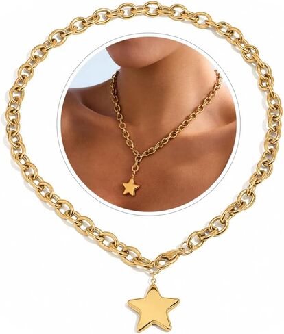 Chunky Gold Necklace with Star Pendant for Women,18K Gold Plated Stainless Steel Sweatproof Non Tarnish Hypoallergenic Chain,Trendy Chunky Necklaces for Women,Star Necklace Fashion Statement Jewelry in Saudi Arabia