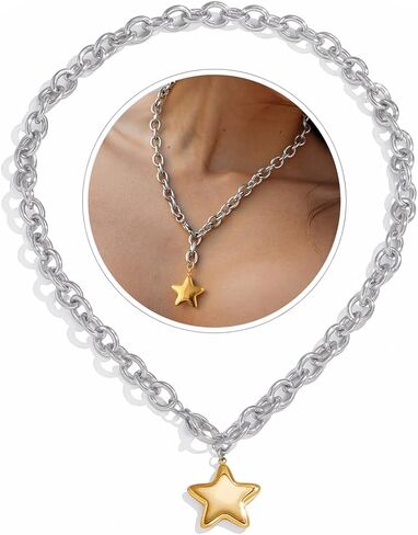Chunky Gold Necklace with Star Pendant for Women,18K Gold Plated Stainless Steel Sweatproof Non Tarnish Hypoallergenic Chain,Trendy Chunky Necklaces for Women,Star Necklace Fashion Statement Jewelry in Saudi Arabia