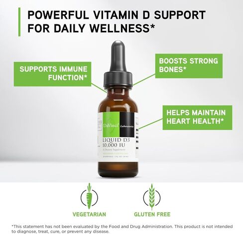 DAVINCI Labs Liquid Vitamin D3 10,000 IU - Dietary Supplement to Support Bone Health, Blood Pressure, Calcium Balance and Immune System* - with Vitamin D3 10,000 IU - Gluten-Free - Vegetarian - 30 ml in Kuwait