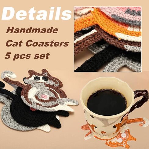 5 قطع من قواعد أكواب القطط للمشروبات، قواعد أكواب كروشيه غير قابلة للانزلاق، لمحبي القطط، حماية متينة لسطح الطاولة للقهوة والشاي وديكور المنزل in Kuwait