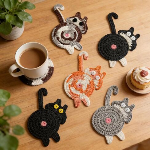 5 قطع من قواعد أكواب القطط للمشروبات، قواعد أكواب كروشيه غير قابلة للانزلاق، لمحبي القطط، حماية متينة لسطح الطاولة للقهوة والشاي وديكور المنزل in Kuwait