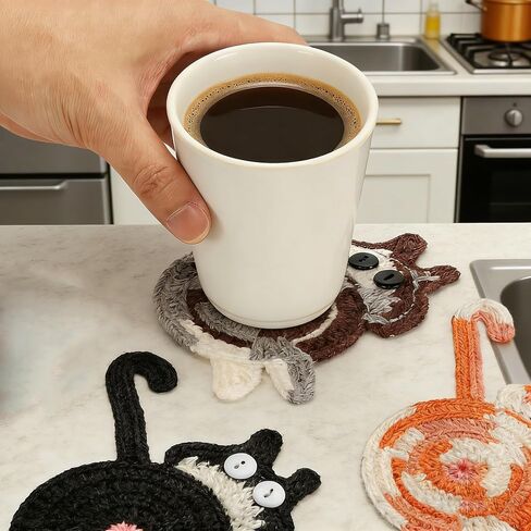 5 قطع من قواعد أكواب القطط للمشروبات، قواعد أكواب كروشيه غير قابلة للانزلاق، لمحبي القطط، حماية متينة لسطح الطاولة للقهوة والشاي وديكور المنزل in Kuwait