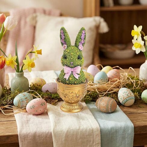 Easter Bunny Topiary Figurines, 6.9" Resin Green Bunny Shaped Topiary Tree Tabletop Decor, Indoor Spring Moss Rabbit Statue Table Top Centerpiece Mantel Shelf Office Desk Decorations for Home in Kuwait